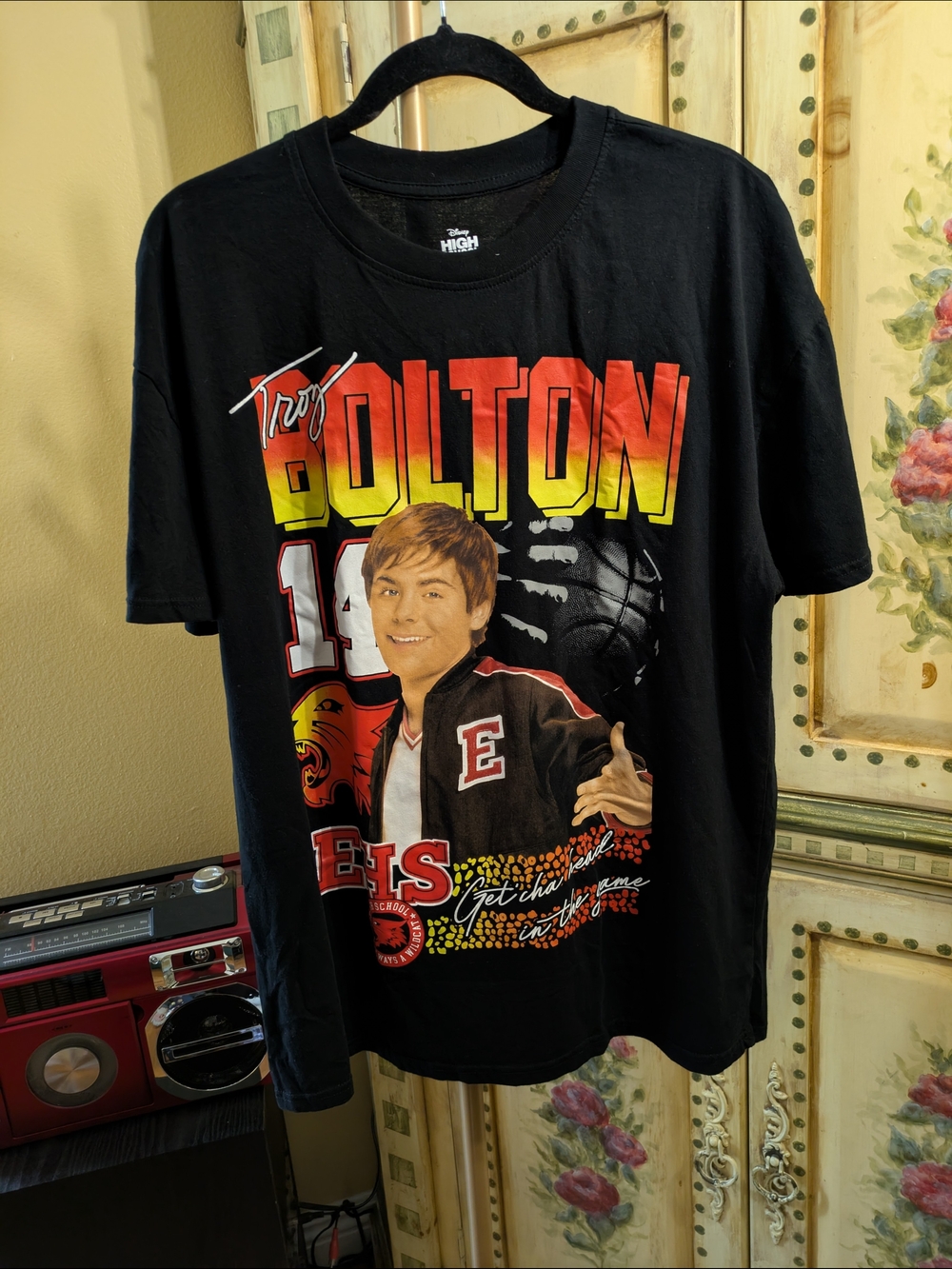 Disney Black Troy Bolton Graphic Tee with Red and Yellow Logo Sz XL